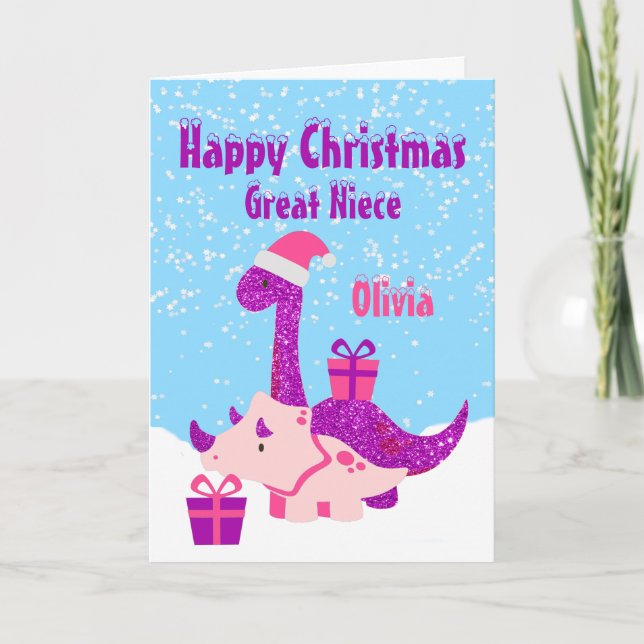 Great Niece Happy Christmas Dinosaur Purple Card (Front)