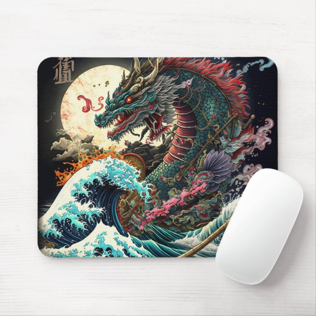 Great Night Japanese Dragon Mouse Mat (With Mouse)