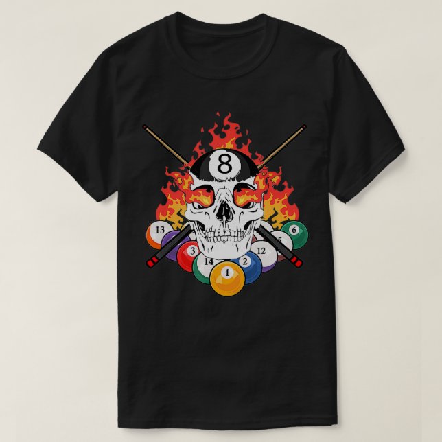 Great Pool Billiards Player Skull Billiard Cue Bal T-Shirt (Design Front)