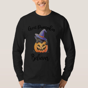 Great Pumpkin Believer Cat With Hat Witch On Pumpk T-Shirt