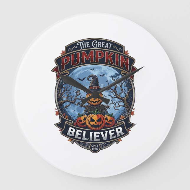 Great Pumpkin Believer Scarecrow Witch Hat Hallowe Large Clock (Front)
