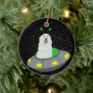 Great Pyrenees Alien UFO Ceramic Tree Decoration