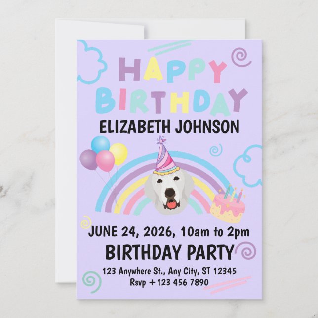 Great Pyrenees Birthday Invitation Purple (Front)