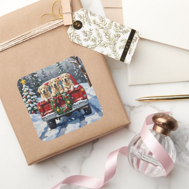 Great Pyrenees Christmas Red Truck Holiday Square Sticker (Gifting)