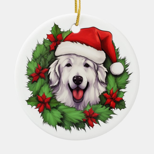 Great Pyrenees Christmas Wreath Ceramic Tree Decoration (Front)