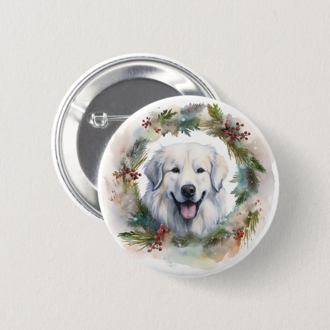 Great Pyrenees Christmas Wreath Festive Pup  6 Cm Round Badge (Front & Back)