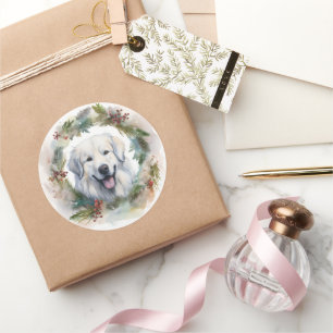 Great Pyrenees Christmas Wreath Festive Pup  Classic Round Sticker