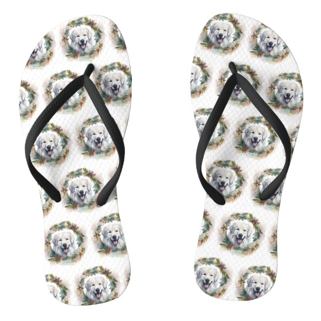 Great Pyrenees Christmas Wreath Festive Pup  Flip Flops (Footbed)