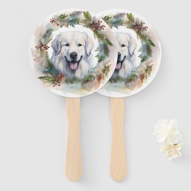 Great Pyrenees Christmas Wreath Festive Pup  Hand Fan (Front and Back)