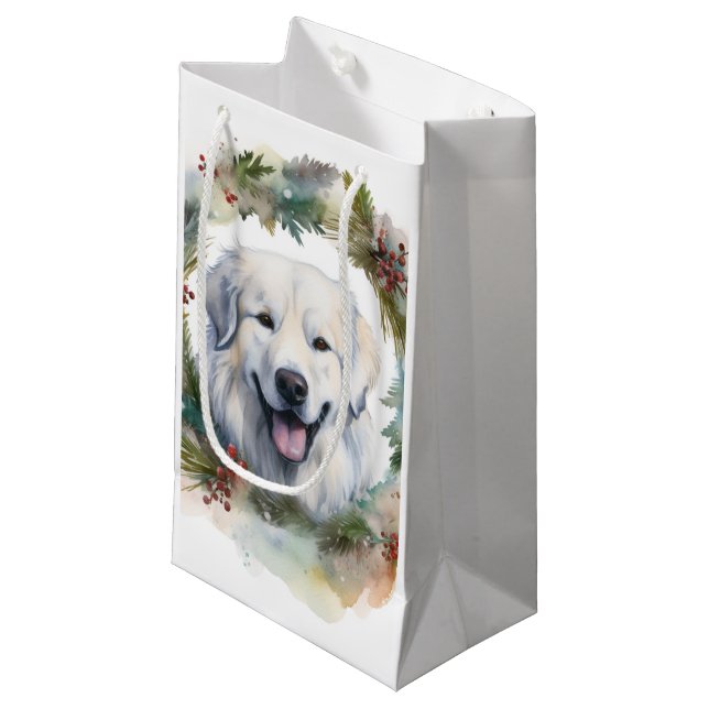 Great Pyrenees Christmas Wreath Festive Pup  Small Gift Bag (Front Angled)
