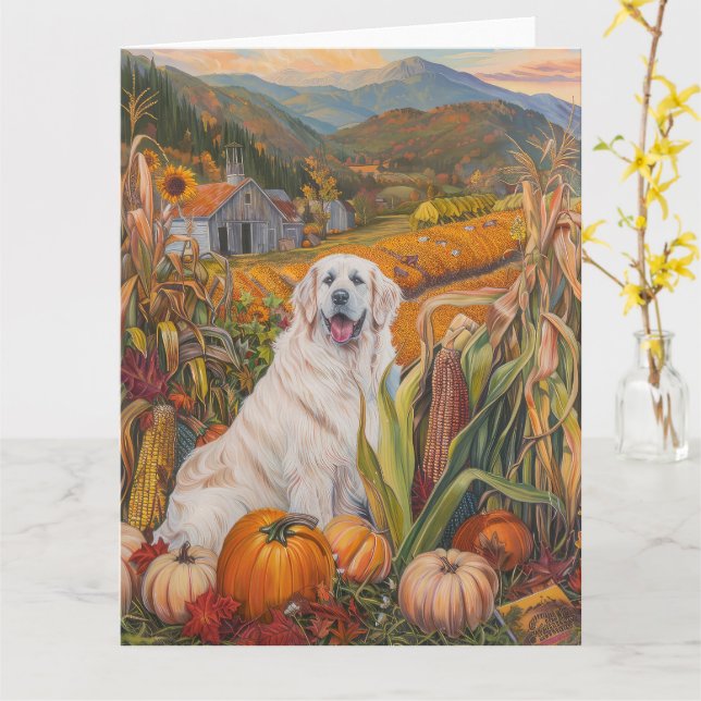 Great Pyrenees Dog Autumn Harvest Thanksgiving Card (Yellow Flower)