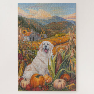Great Pyrenees Dog Autumn Harvest Thanksgiving Jigsaw Puzzle