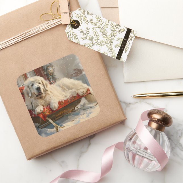 Great Pyrenees Dog Christmas Festive Square Sticker (Gifting)