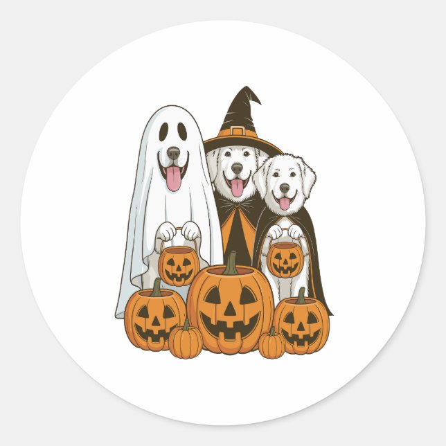 Great Pyrenees Dog Ghost Witch Halloween Matching  Classic Round Sticker (Front)