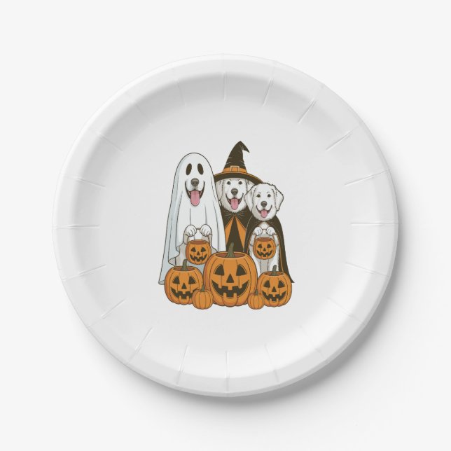 Great Pyrenees Dog Ghost Witch Halloween Matching  Paper Plate (Front)