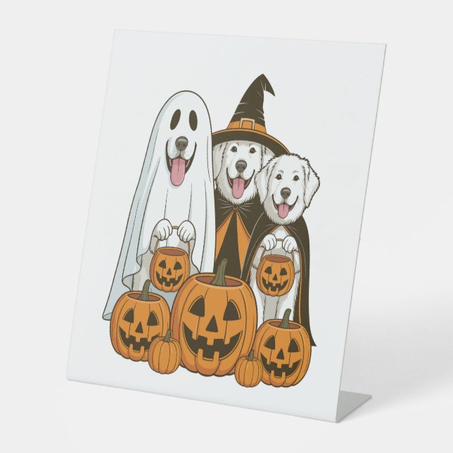 Great Pyrenees Dog Ghost Witch Halloween Matching  Pedestal Sign (Front)