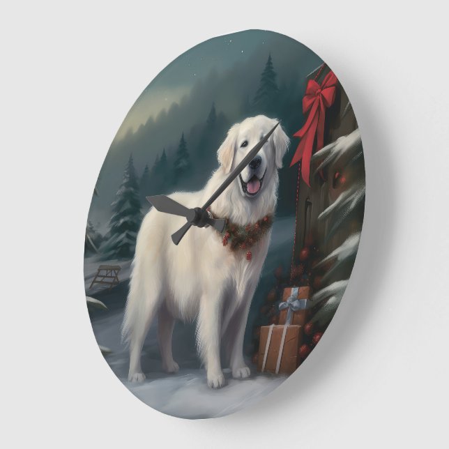 Great Pyrenees Dog in Snow Christmas Large Clock (Angle)