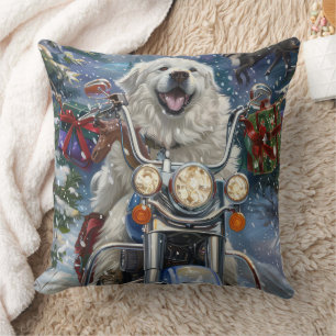 Great Pyrenees Dog Riding Motorcycle Christmas Cushion