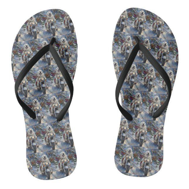 Great Pyrenees Dog Riding Motorcycle Christmas Flip Flops (Footbed)