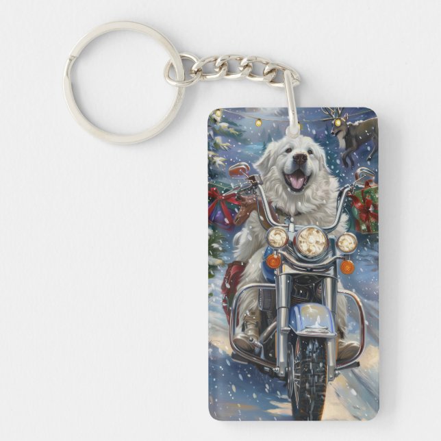 Great Pyrenees Dog Riding Motorcycle Christmas Key Ring (Front)