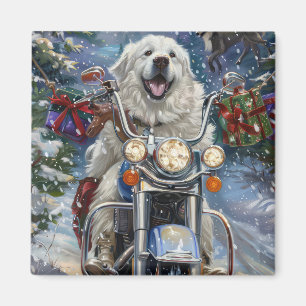 Great Pyrenees Dog Riding Motorcycle Christmas Magnet