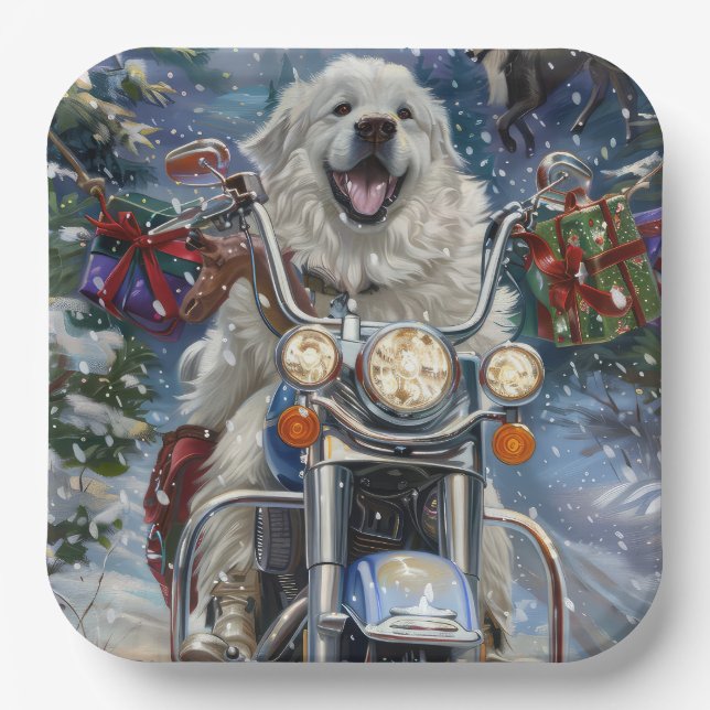 Great Pyrenees Dog Riding Motorcycle Christmas Paper Plate (Front)