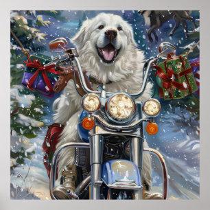 Great Pyrenees Dog Riding Motorcycle Christmas Poster