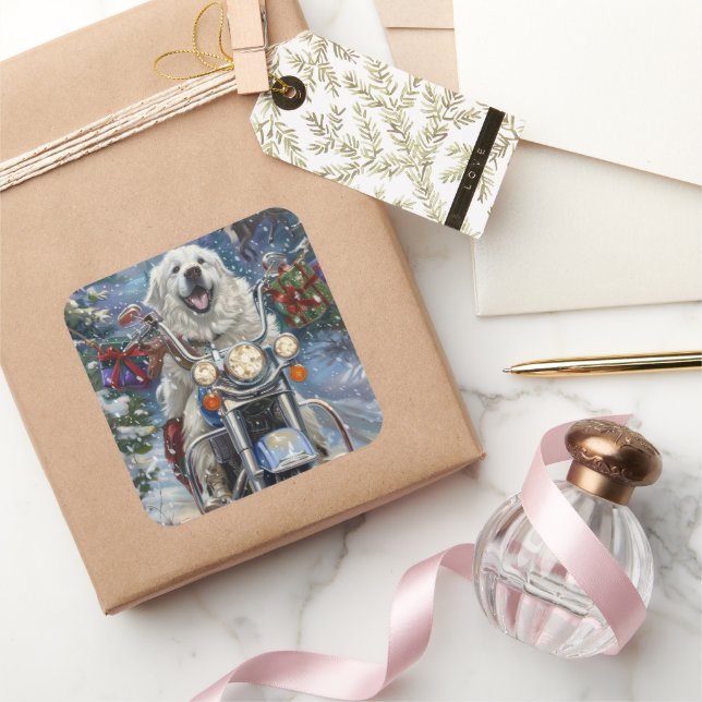 Great Pyrenees Dog Riding Motorcycle Christmas Square Sticker (Gifting)