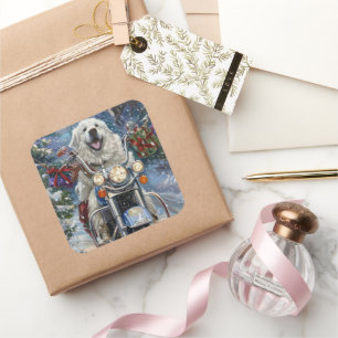 Great Pyrenees Dog Riding Motorcycle Christmas Square Sticker