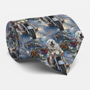Great Pyrenees Dog Riding Motorcycle Christmas Tie