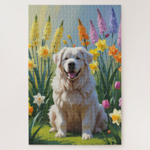 Great Pyrenees Dog Spring Flowers Painting Jigsaw Puzzle