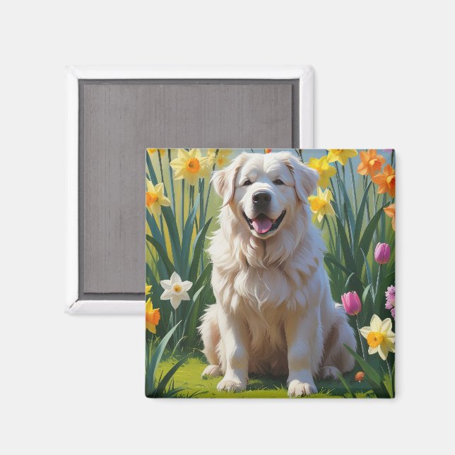Great Pyrenees Dog Spring Flowers Painting Magnet (Front/Back)