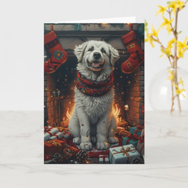 Great Pyrenees Dog With Christmas Gifts Fireplace Card (Yellow Flower)