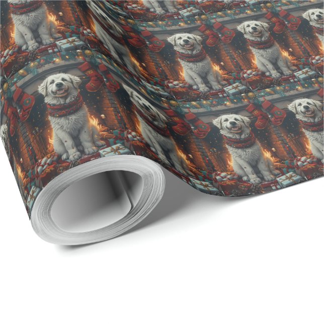 Great Pyrenees Dog With Christmas Gifts Fireplace Wrapping Paper (Roll Corner)