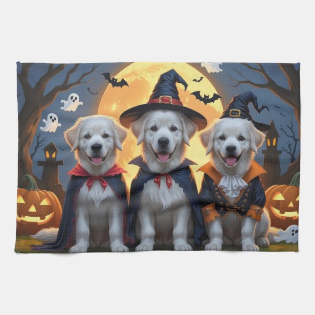 Great Pyrenees Dogs Pumpkin Halloween Funny  Tea Towel (Horizontal)