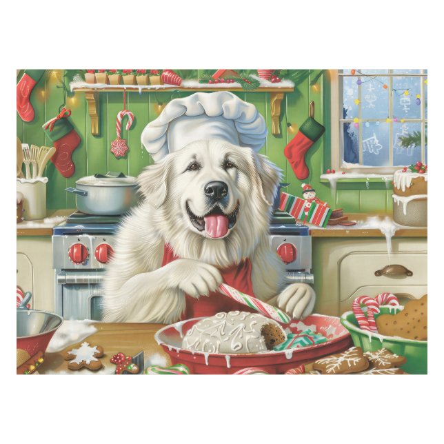 Great Pyrenees Holiday Baking: Festive Christmas Tablecloth (Front (Horizontal))
