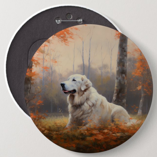 Great Pyrenees in Autumn Leaves Fall Inspire  6 Cm Round Badge (Front & Back)