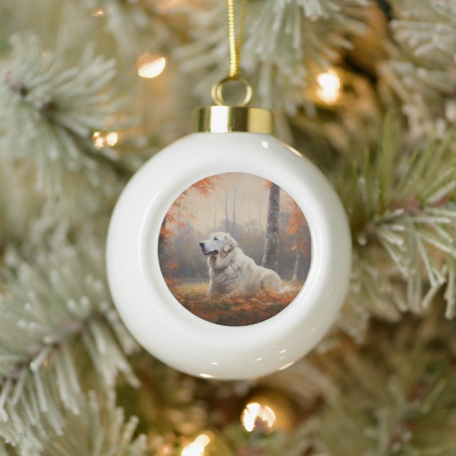 Great Pyrenees in Autumn Leaves Fall Inspire  Ceramic Ball Christmas Ornament (Tree)