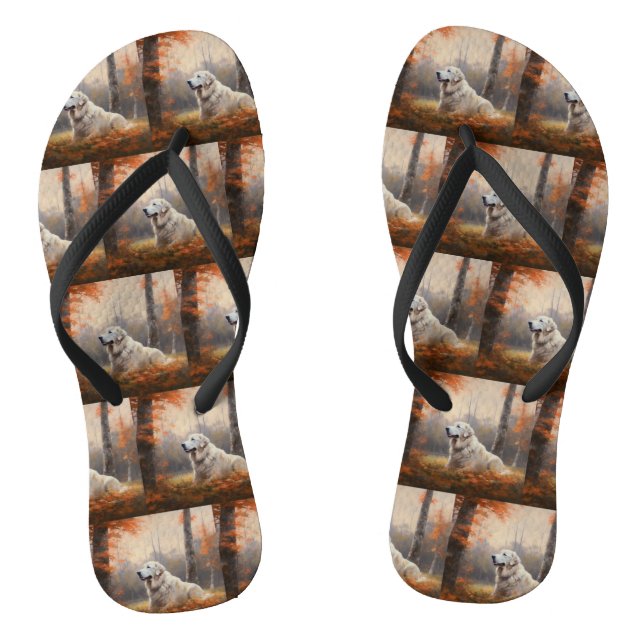 Great Pyrenees in Autumn Leaves Fall Inspire  Flip Flops (Footbed)