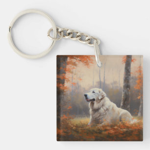 Great Pyrenees in Autumn Leaves Fall Inspire  Key Ring