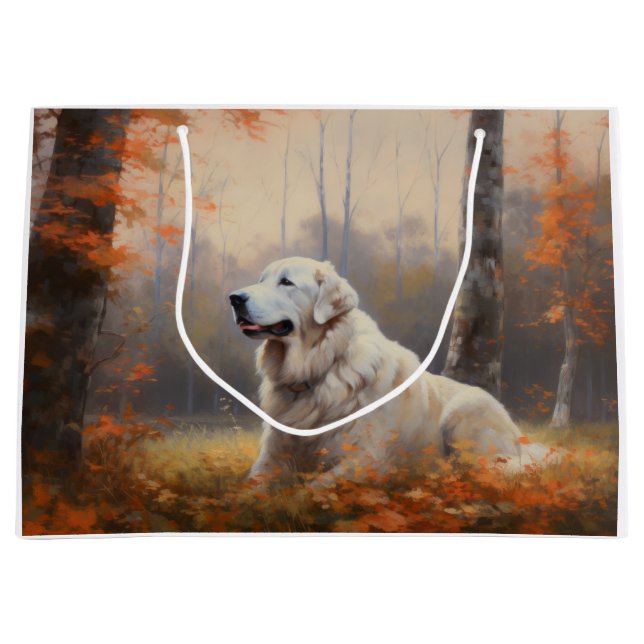 Great Pyrenees in Autumn Leaves Fall Inspire  Large Gift Bag (Front)