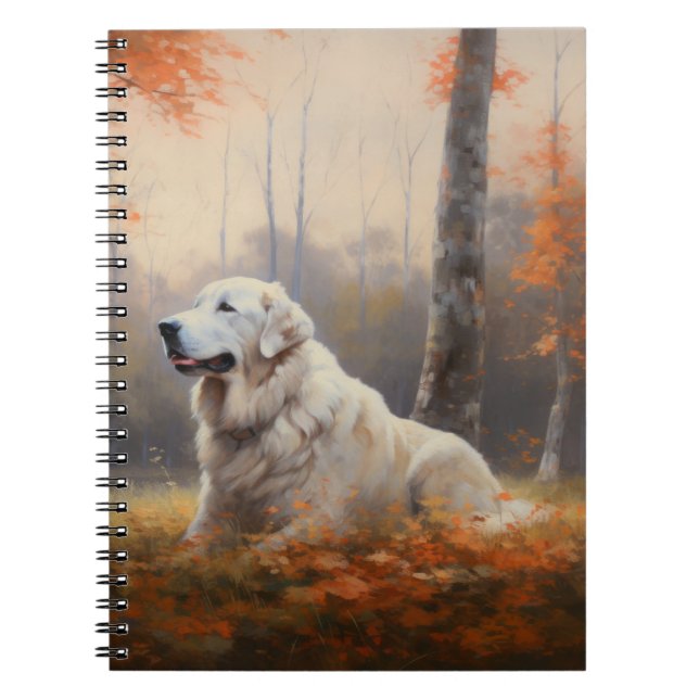 Great Pyrenees in Autumn Leaves Fall Inspire  Notebook (Front)