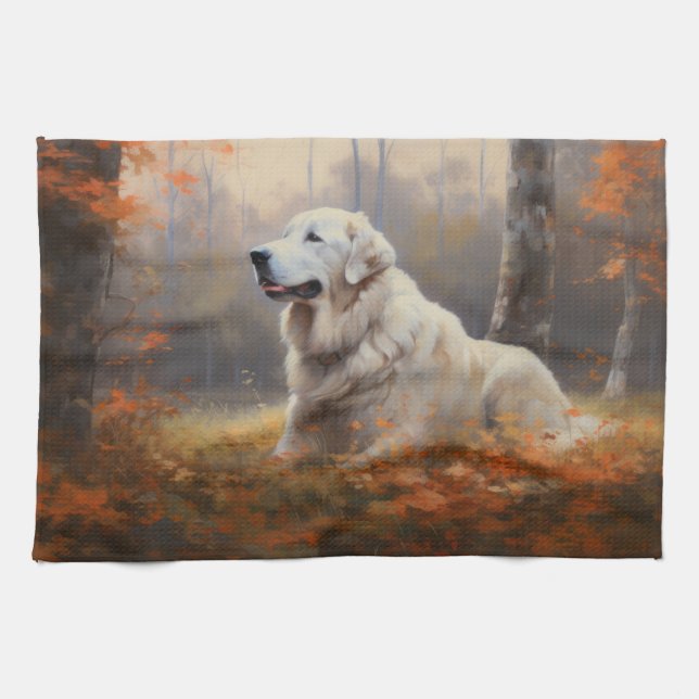 Great Pyrenees in Autumn Leaves Fall Inspire  Tea Towel (Horizontal)