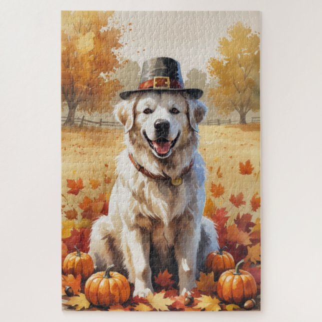 Great Pyrenees In Autumn Leaves Thanksgiving Art Jigsaw Puzzle (Vertical)
