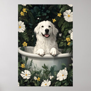 Great Pyrenees In Bathtub Poster, Funny Dog Poster