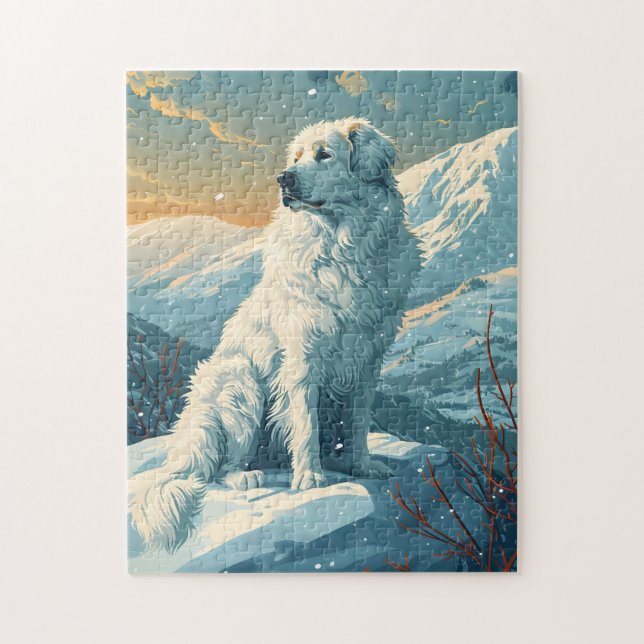 Great pyrenees in the snowy forest during sunset jigsaw puzzle (Vertical)