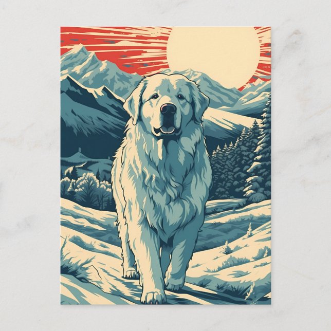 Great-Pyrenees in thesnowy mountains at sunset Postcard (Front)