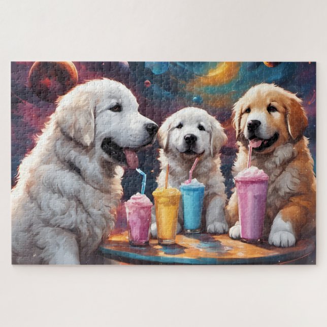 Great Pyrenees Mum and Puppies with Milkshakes Jigsaw Puzzle (Horizontal)
