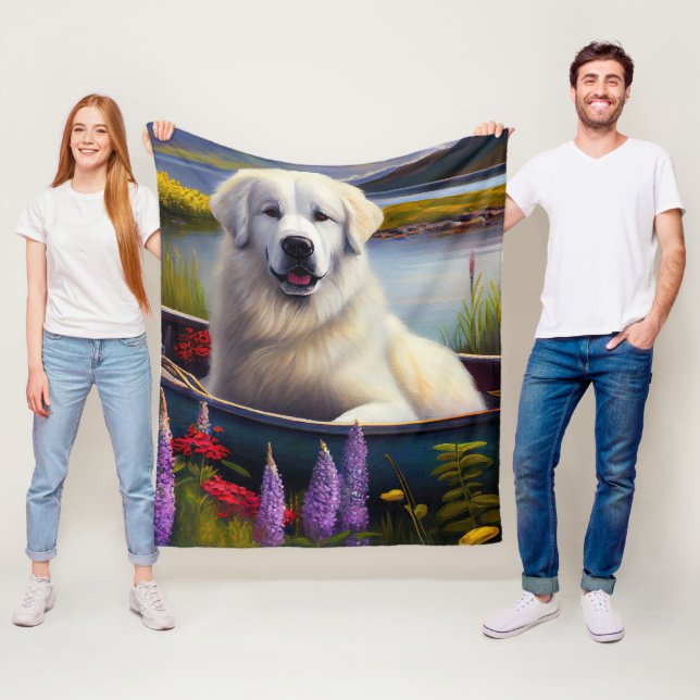 Great Pyrenees on a Paddle: A Scenic Adventure Fleece Blanket (In Situ)