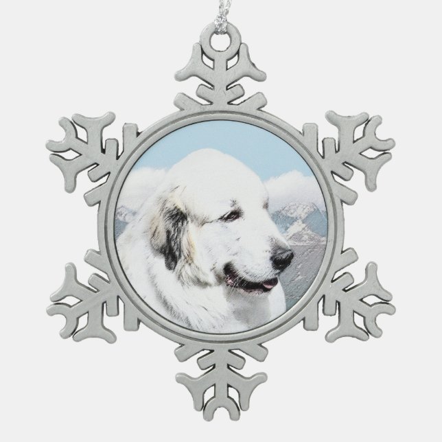 Great Pyrenees Painting - Original Dog Art Snowflake Pewter Christmas Ornament (Front)